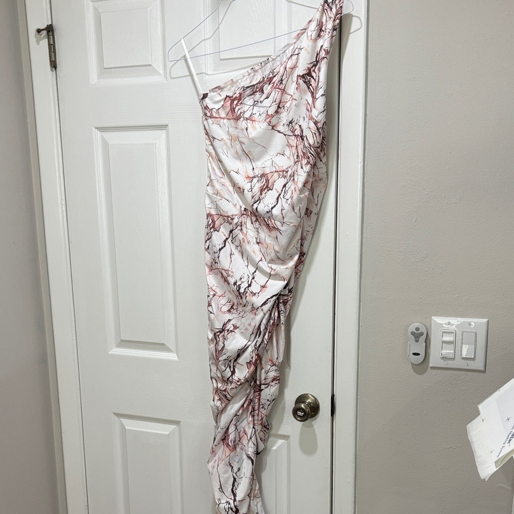SHEIN One-Shoulder Marble Maxi Dress - White and Brown